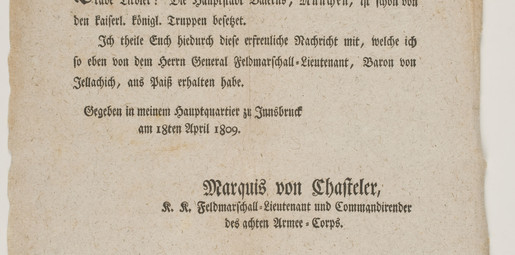Proklamation des Marquis de Chasteler zur Besetzung Münchens durch k.k. Truppen