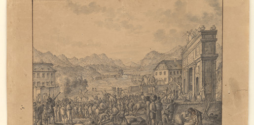 Die Tiroler Landstürmer bei der Triumphpforte in Innsbruck, 13. April 1809